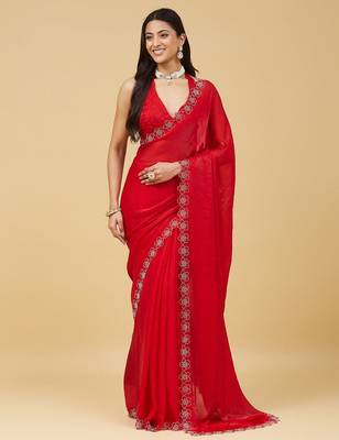 Red floral beads and stones satin designer saree with blouse  5