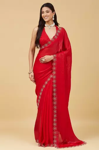 Red floral beads and stones satin designer saree with blouse 