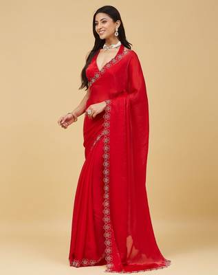 Red floral beads and stones satin designer saree with blouse  6