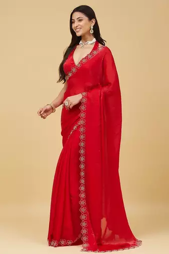 Red floral beads and stones satin designer saree with blouse 
