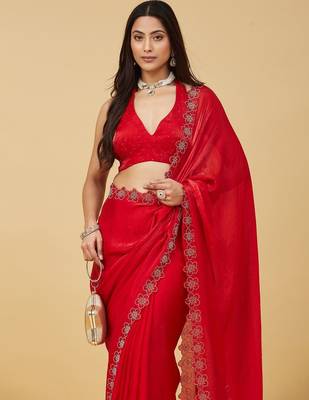 Red floral beads and stones satin designer saree with blouse  1