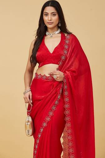 Red floral beads and stones satin designer saree with blouse 