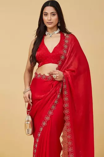 Red floral beads and stones satin designer saree with blouse 