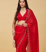 Red floral beads and stones satin designer saree with blouse 