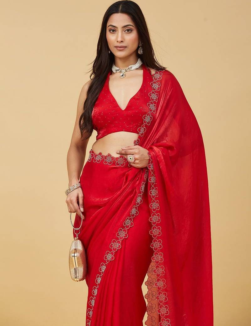 Red floral beads and stones satin designer saree with blouse 