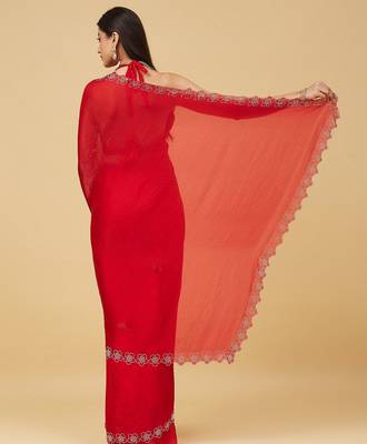 Red floral beads and stones satin designer saree with blouse  7