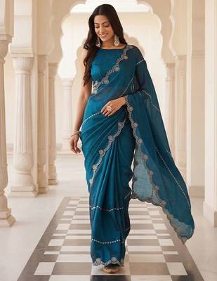 Teal embellished embroidered satin heavy work saree with blouse  2