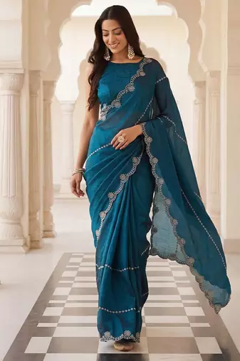 Teal embellished embroidered satin heavy work saree with blouse 