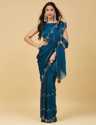 Teal embellished embroidered satin heavy work saree with blouse  3