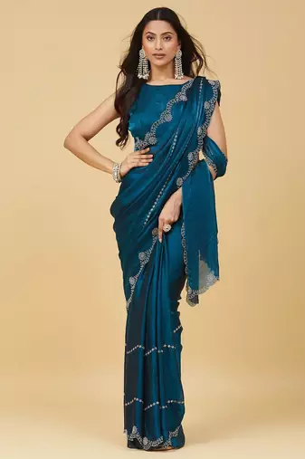 Teal embellished embroidered satin heavy work saree with blouse 