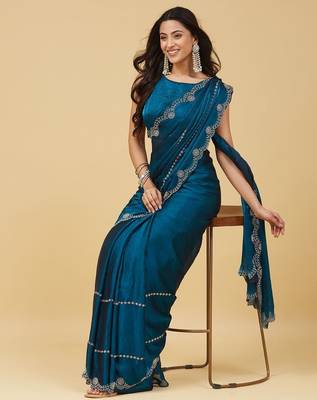 Teal embellished embroidered satin heavy work saree with blouse  4