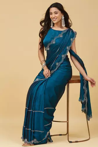Teal embellished embroidered satin heavy work saree with blouse 