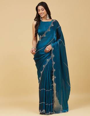 Teal embellished embroidered satin heavy work saree with blouse  5