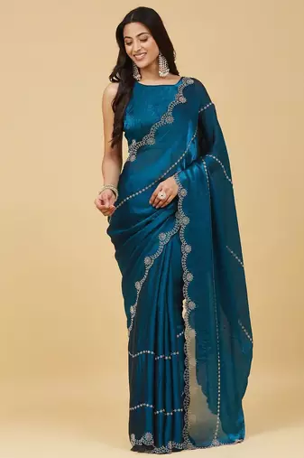 Teal embellished embroidered satin heavy work saree with blouse 