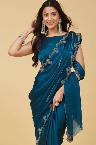 Teal embellished embroidered satin heavy work saree with blouse 
