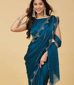 Teal embellished embroidered satin heavy work saree with blouse 