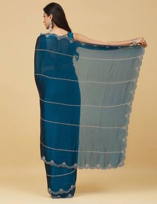 Teal embellished embroidered satin heavy work saree with blouse  6