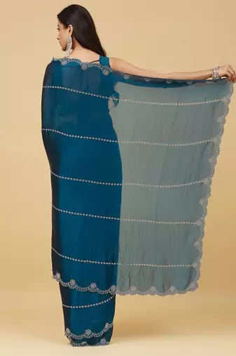 Teal embellished embroidered satin heavy work saree with blouse 