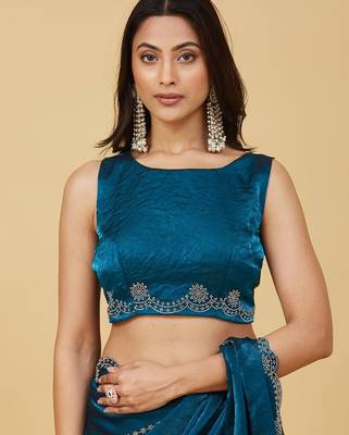 Teal embellished embroidered satin heavy work saree with blouse  7
