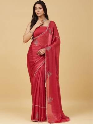 Red embellished embroidered satin saree with blouse  2
