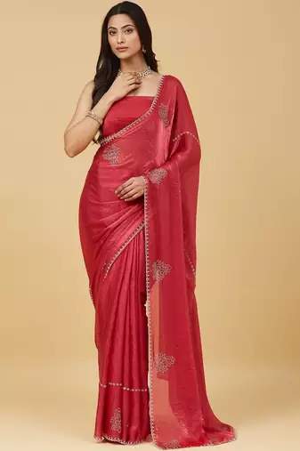 Red embellished embroidered satin saree with blouse 