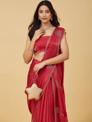 Red embellished embroidered satin saree with blouse  3
