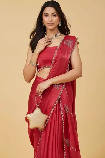Red embellished embroidered satin saree with blouse 