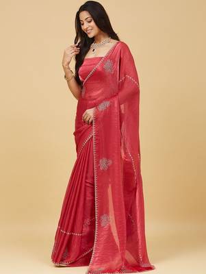 Red embellished embroidered satin saree with blouse  4