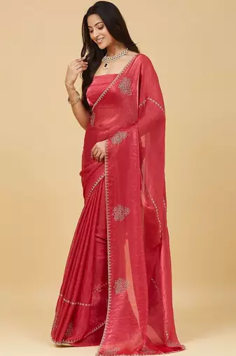 Red embellished embroidered satin saree with blouse 