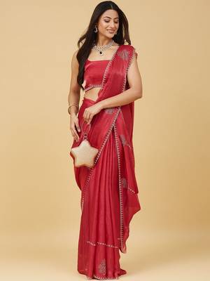 Red embellished embroidered satin saree with blouse  5