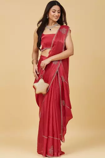 Red embellished embroidered satin saree with blouse 