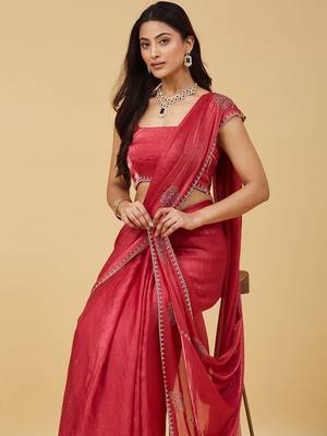 Red embellished embroidered satin saree with blouse  1