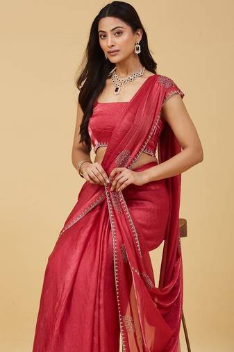 Red embellished embroidered satin saree with blouse 