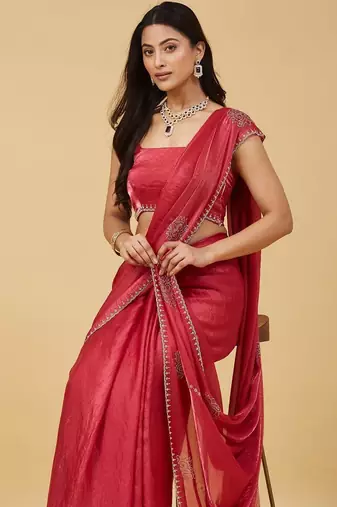 Red embellished embroidered satin saree with blouse 