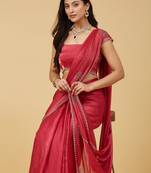 Red embellished embroidered satin saree with blouse 