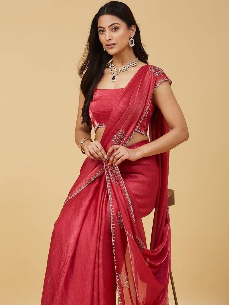 Red embellished embroidered satin saree with blouse 
