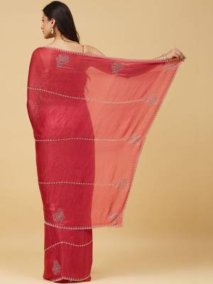Red embellished embroidered satin saree with blouse  6