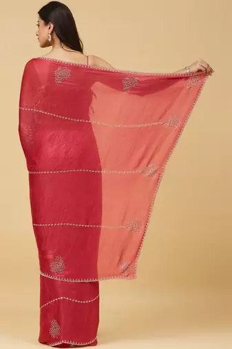 Red embellished embroidered satin saree with blouse 