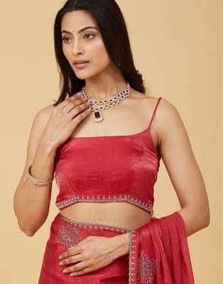 Red embellished embroidered satin saree with blouse  7