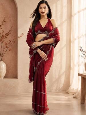 Maroon embellished beads and stones satin heavy work saree with blouse  2