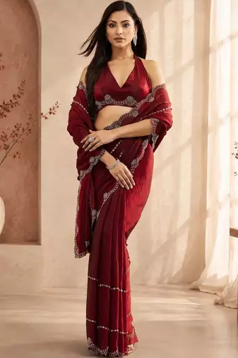 Maroon embellished beads and stones satin heavy work saree with blouse 