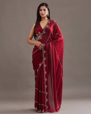 Maroon embellished beads and stones satin heavy work saree with blouse  1
