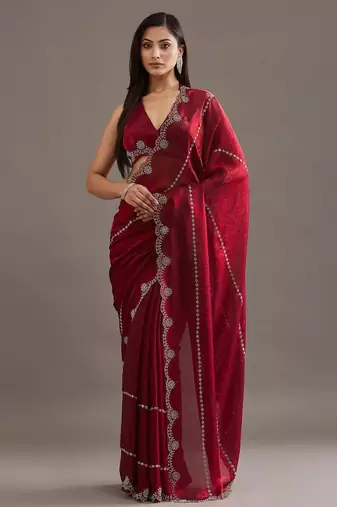 Maroon embellished beads and stones satin heavy work saree with blouse 