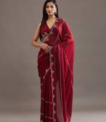Maroon embellished beads and stones satin heavy work saree with blouse 