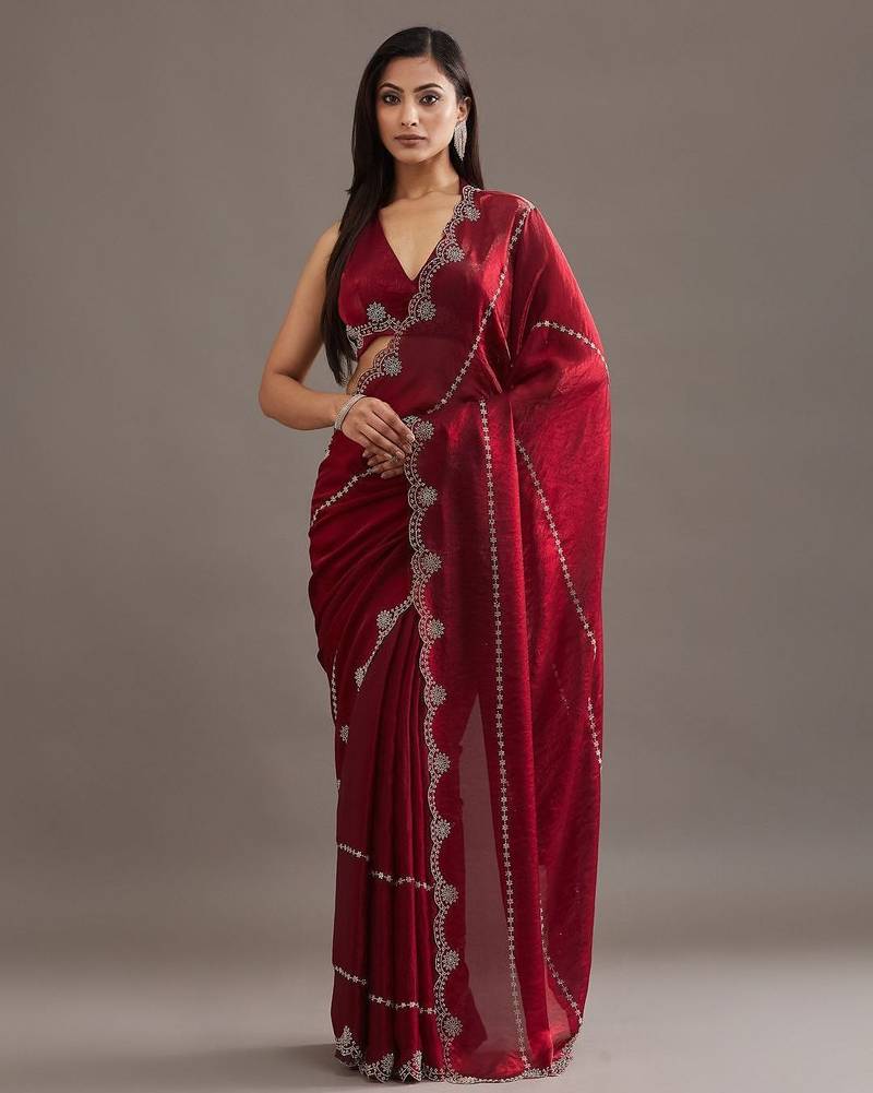 Maroon embellished beads and stones satin heavy work saree with blouse 
