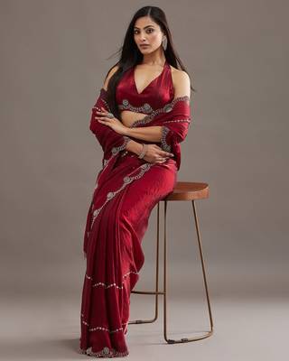 Maroon embellished beads and stones satin heavy work saree with blouse  3