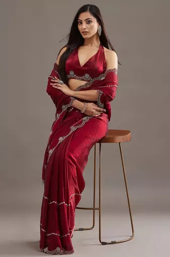 Maroon embellished beads and stones satin heavy work saree with blouse 