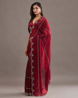 Maroon embellished beads and stones satin heavy work saree with blouse  4