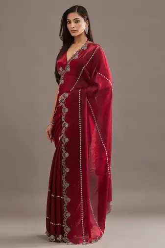 Maroon embellished beads and stones satin heavy work saree with blouse 