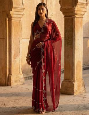 Maroon embellished beads and stones satin heavy work saree with blouse  5